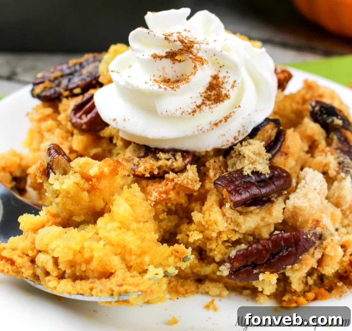 Easy Pumpkin Pecan Dump Cake 2 Delicious Pumpkin Pecan Dump Cake with a perfect slice