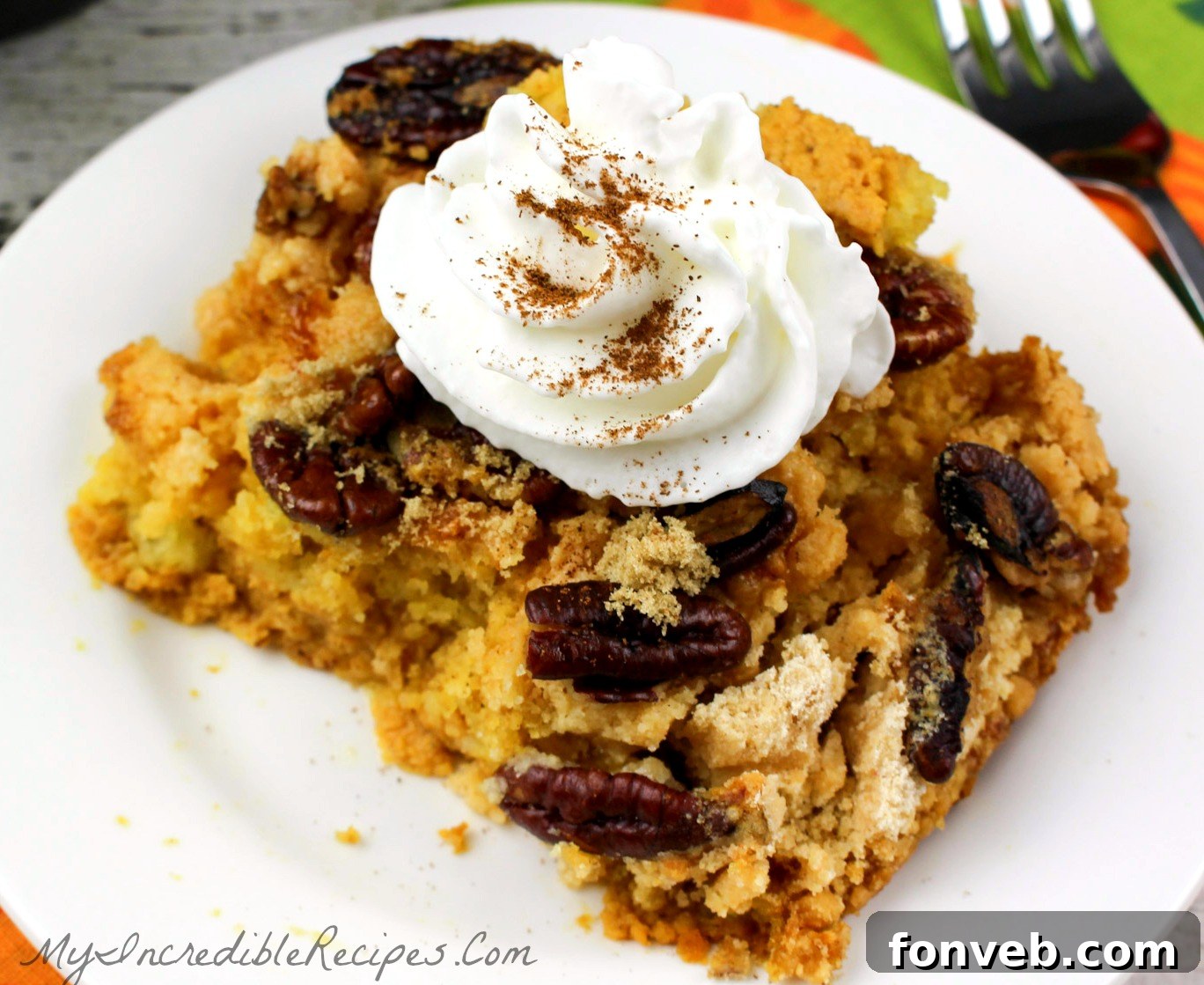 Easy Pumpkin Pecan Dump Cake 17 A cozy Fall setting with Pumpkin Pecan Dump Cake, embodying the autumn season