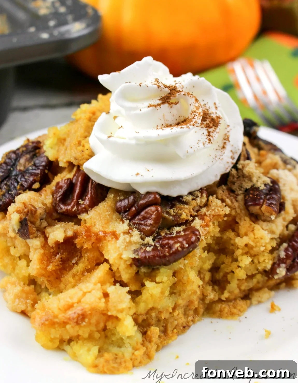 Easy Pumpkin Pecan Dump Cake 18 Close-up of the crunchy pecan and cake topping on the Pumpkin Pecan Dump Cake