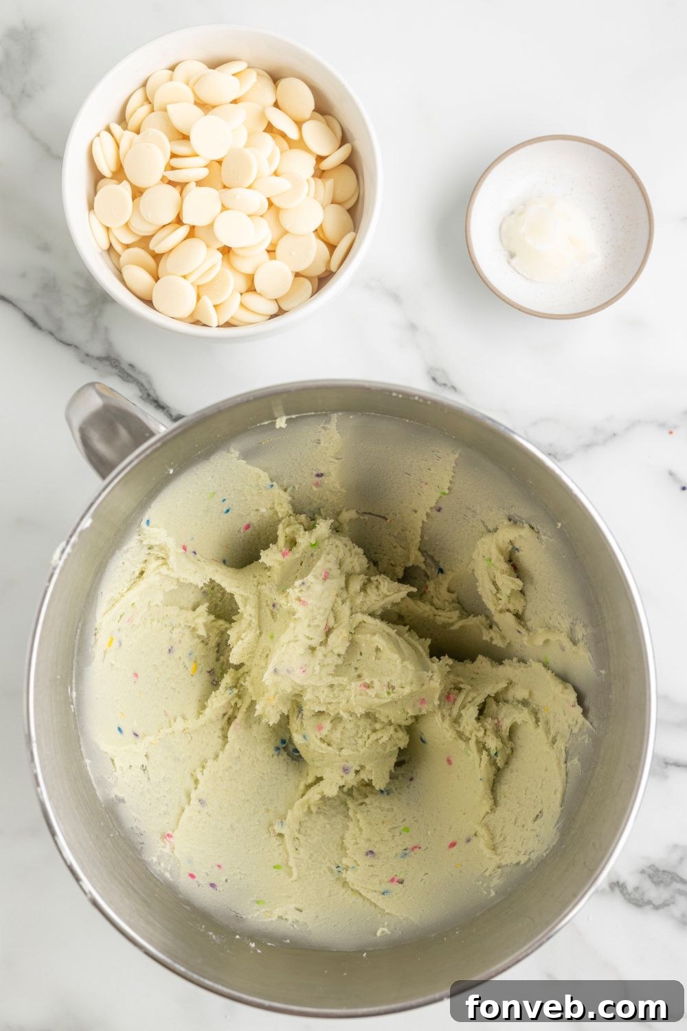 sugar cookie truffle dough in stand mixer bowl 