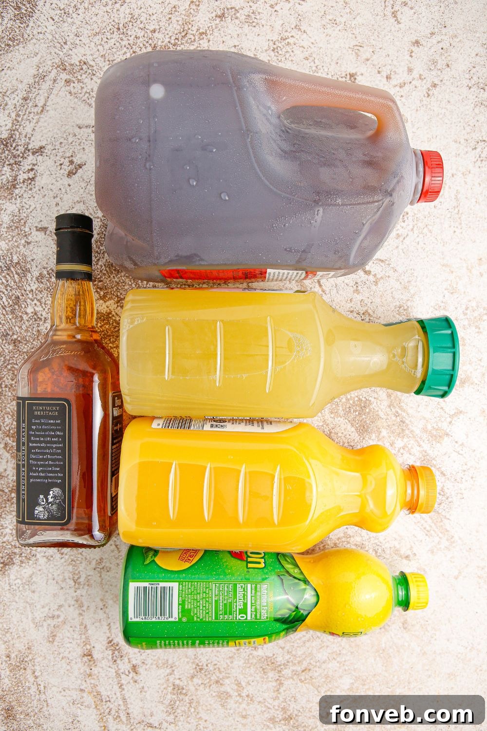 Endzone Chill 6 Ingredients for bourbon tea cocktail laid out on a table.