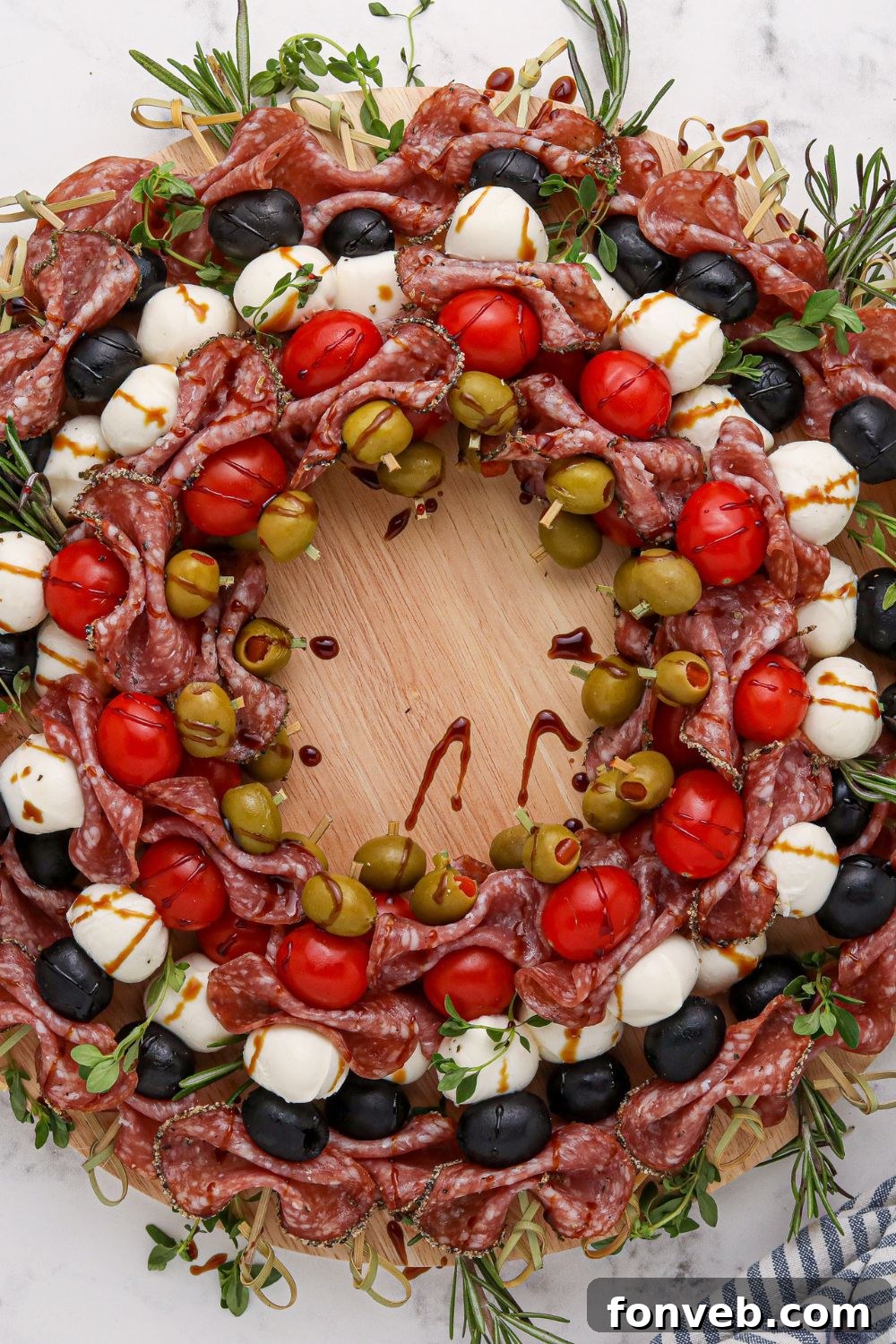 Overhead view of an antipasto wreath on a table