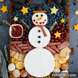 Snowman Charcuterie Board overhead look on table