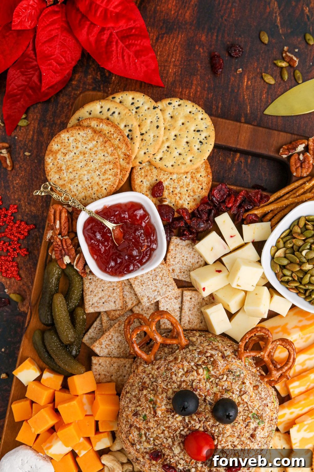 Rudolph's Holiday Charcuterie Platter 13 Side view of Rudolph cheeseball showcasing its detailed design