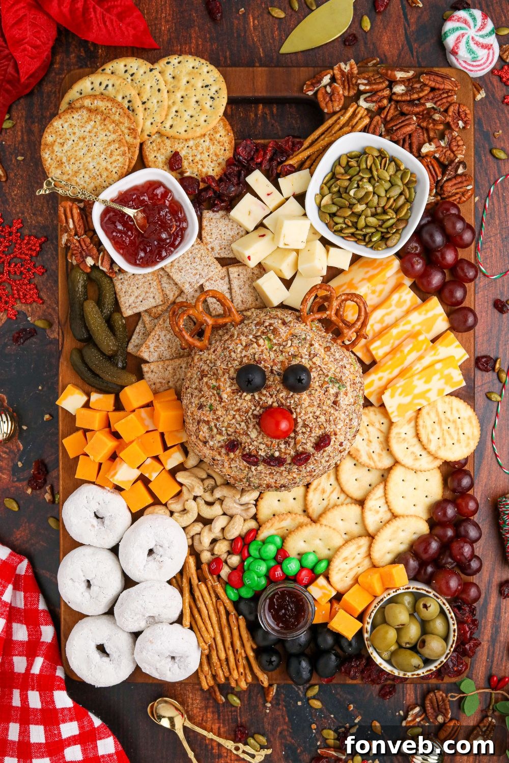 Rudolph's Holiday Charcuterie Platter 14 Overhead view of Rudolph Cheeseball and Snack Board, beautifully arranged