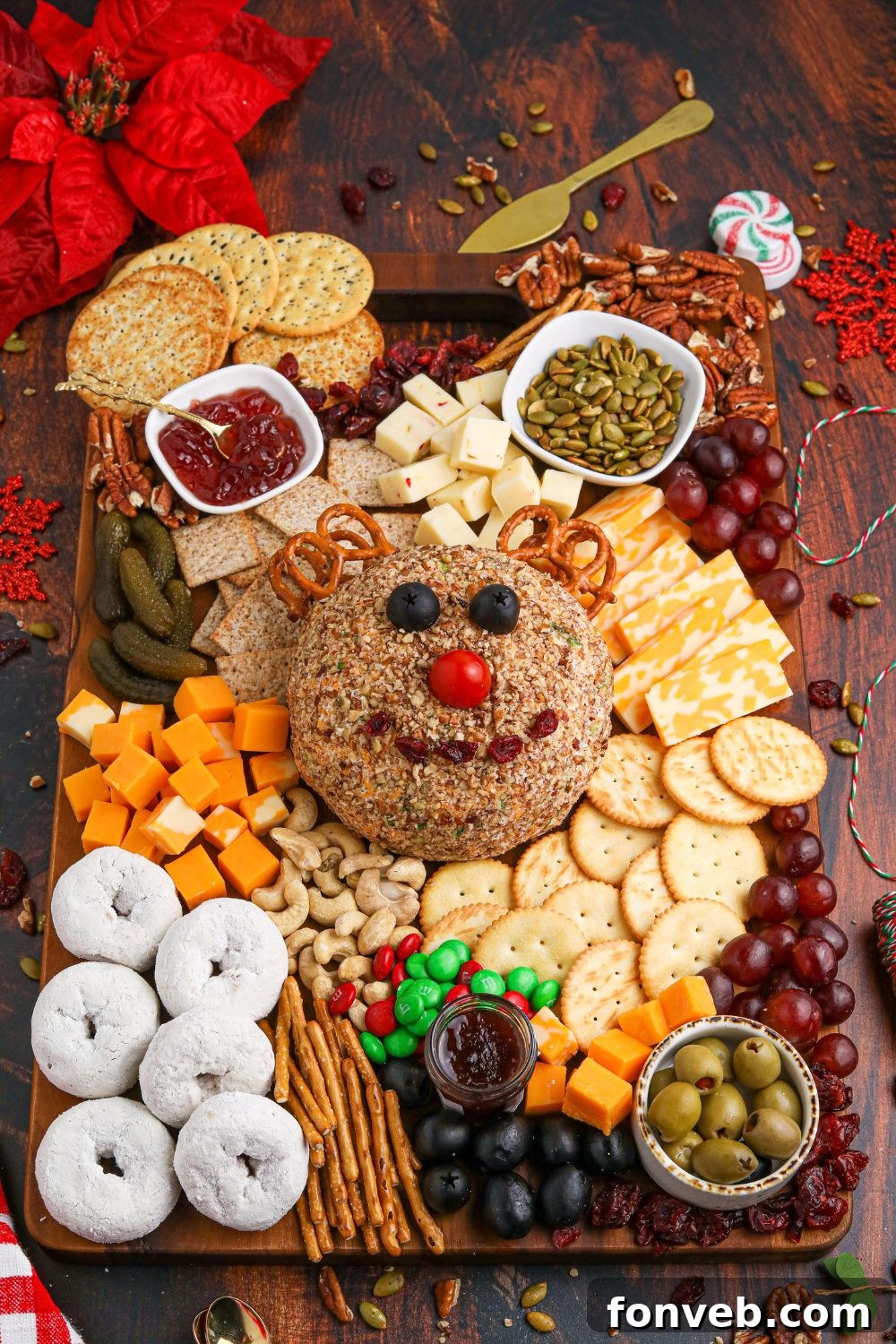 Rudolph's Holiday Charcuterie Platter 3 Elegant holiday cheese board and snacking tray with a festive theme