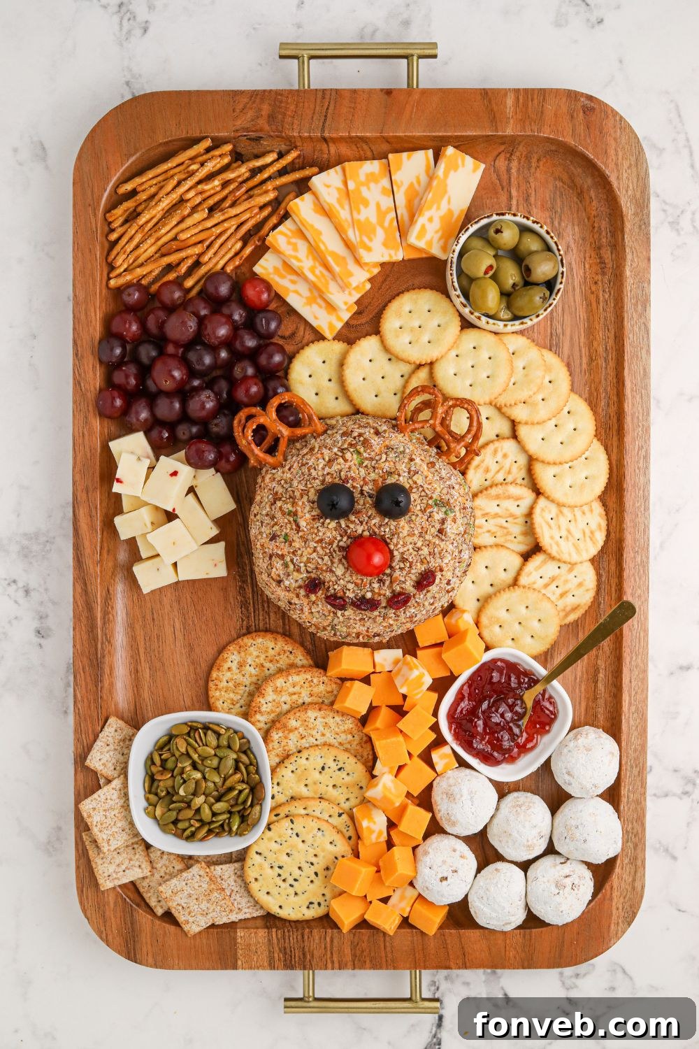 Rudolph's Holiday Charcuterie Platter 10 Holiday snack board assembly with Rudolph cheeseball