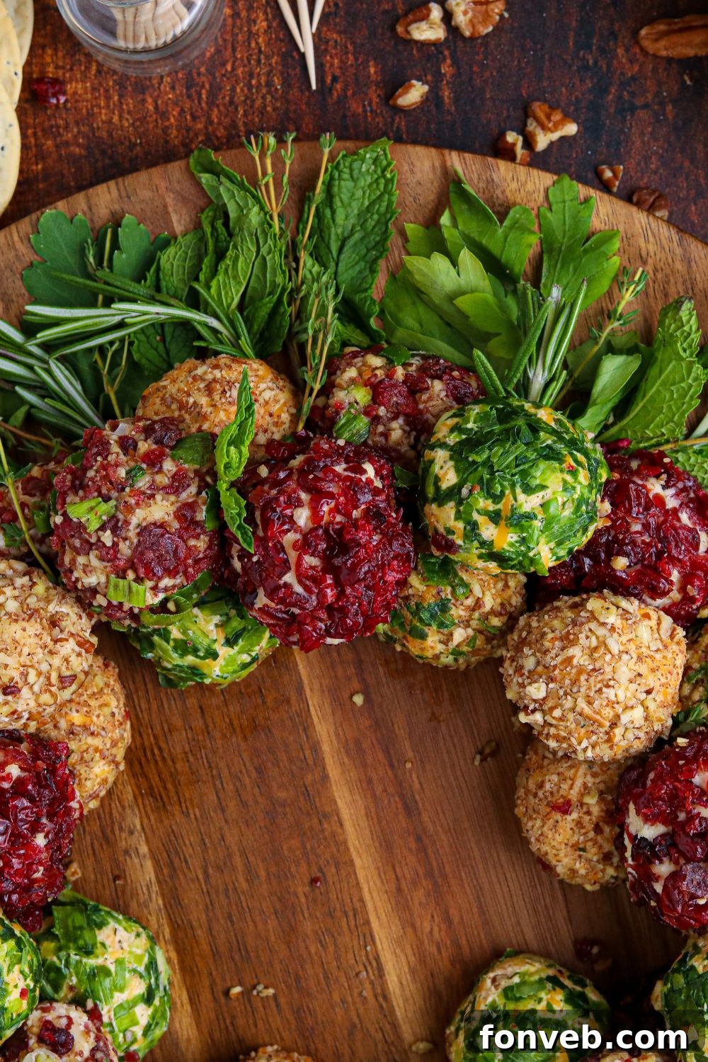 The complete Cheese Ball Wreath, showcasing its festive and appealing presentation.