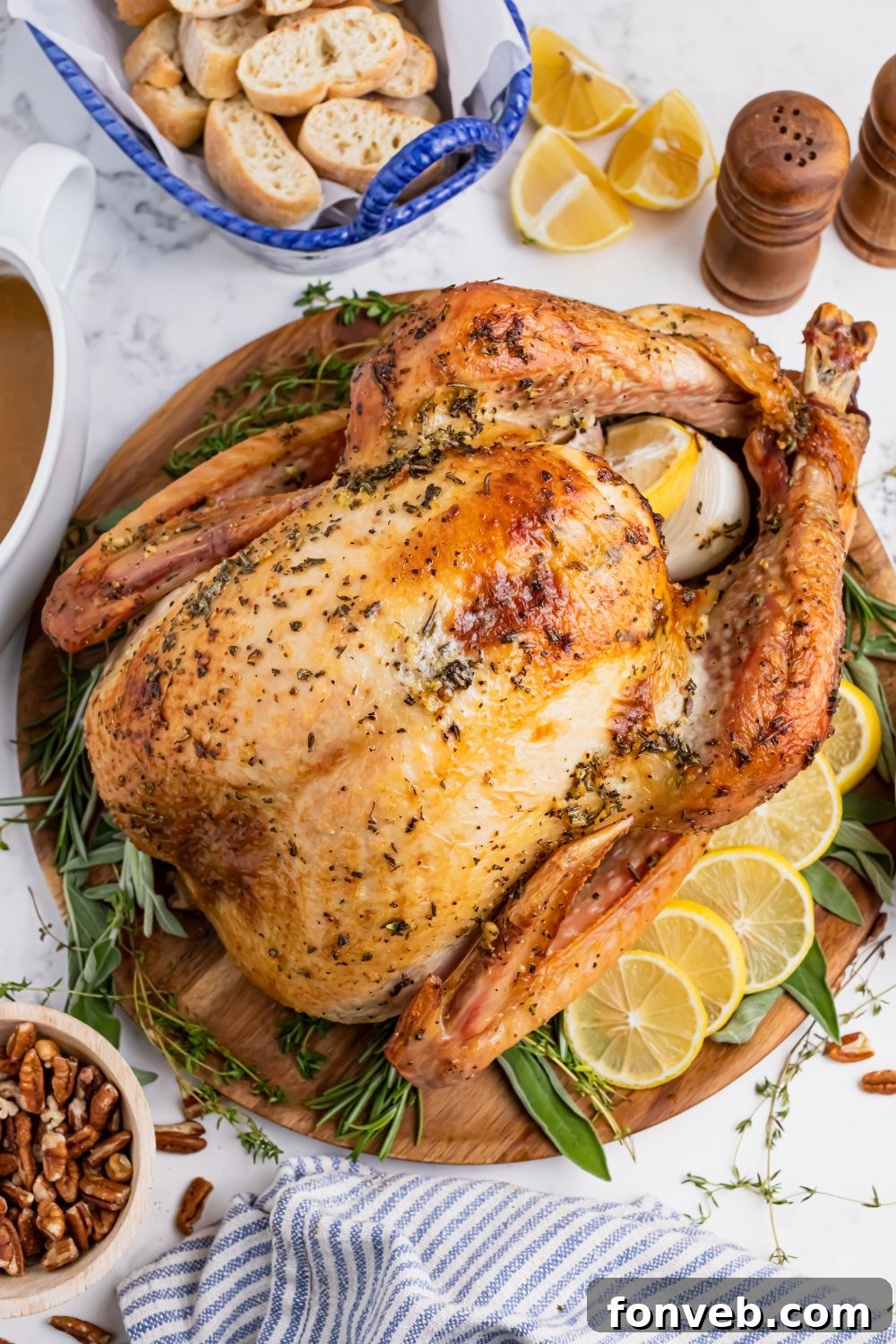 overhead view of turkey on platter