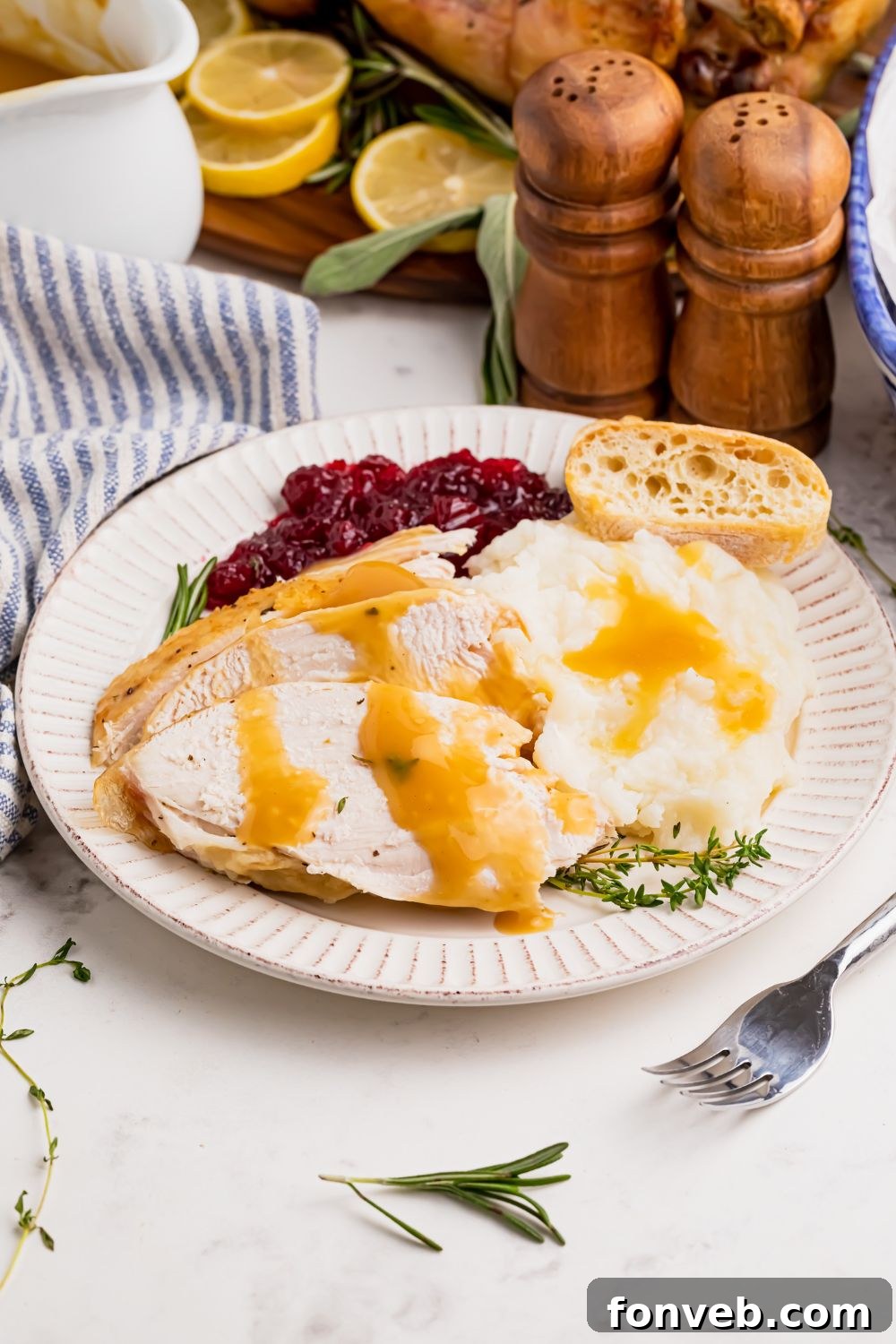 roasted turkey on plate with cranberry and other ingredients