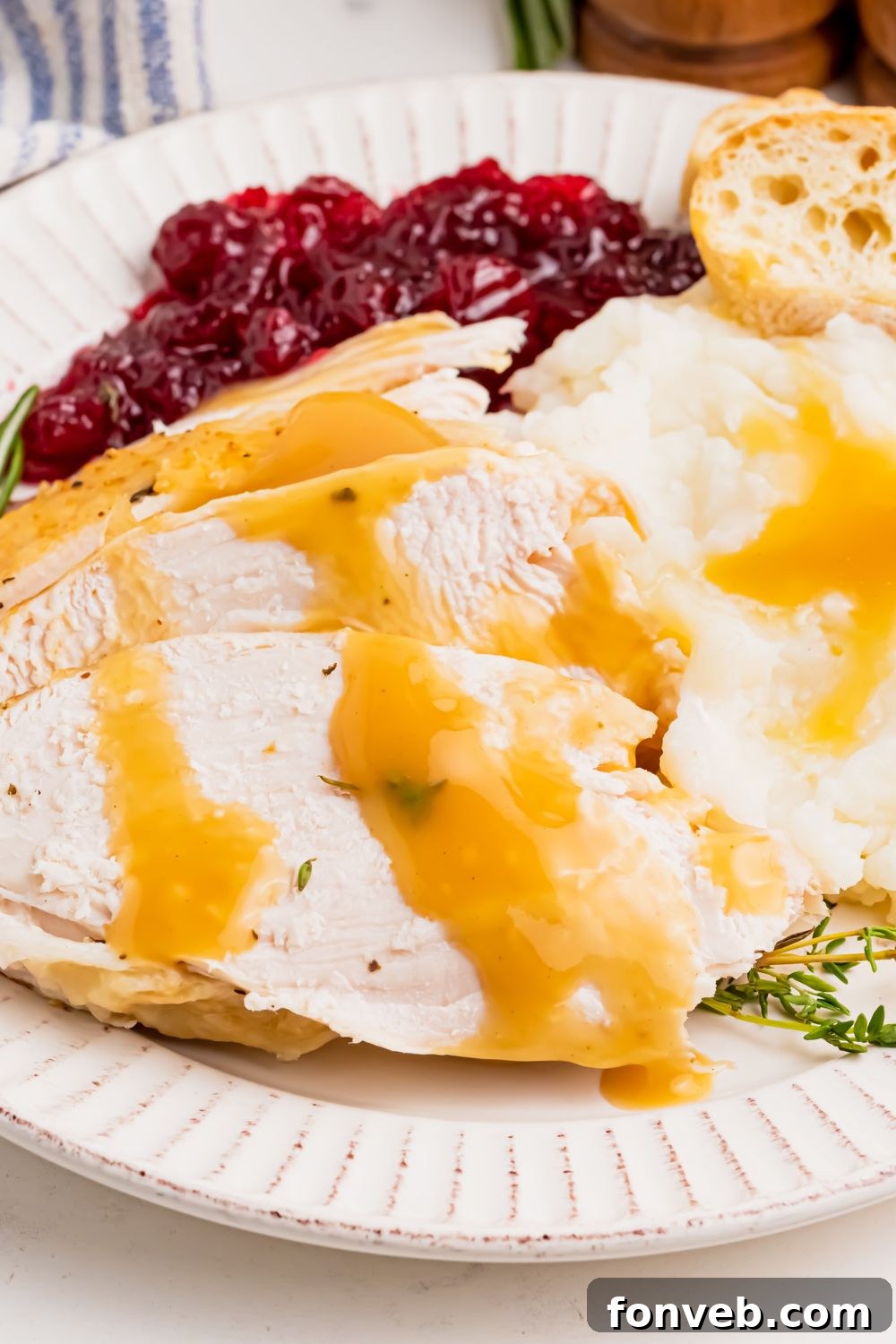 close up plate of turkey and sides on the table 