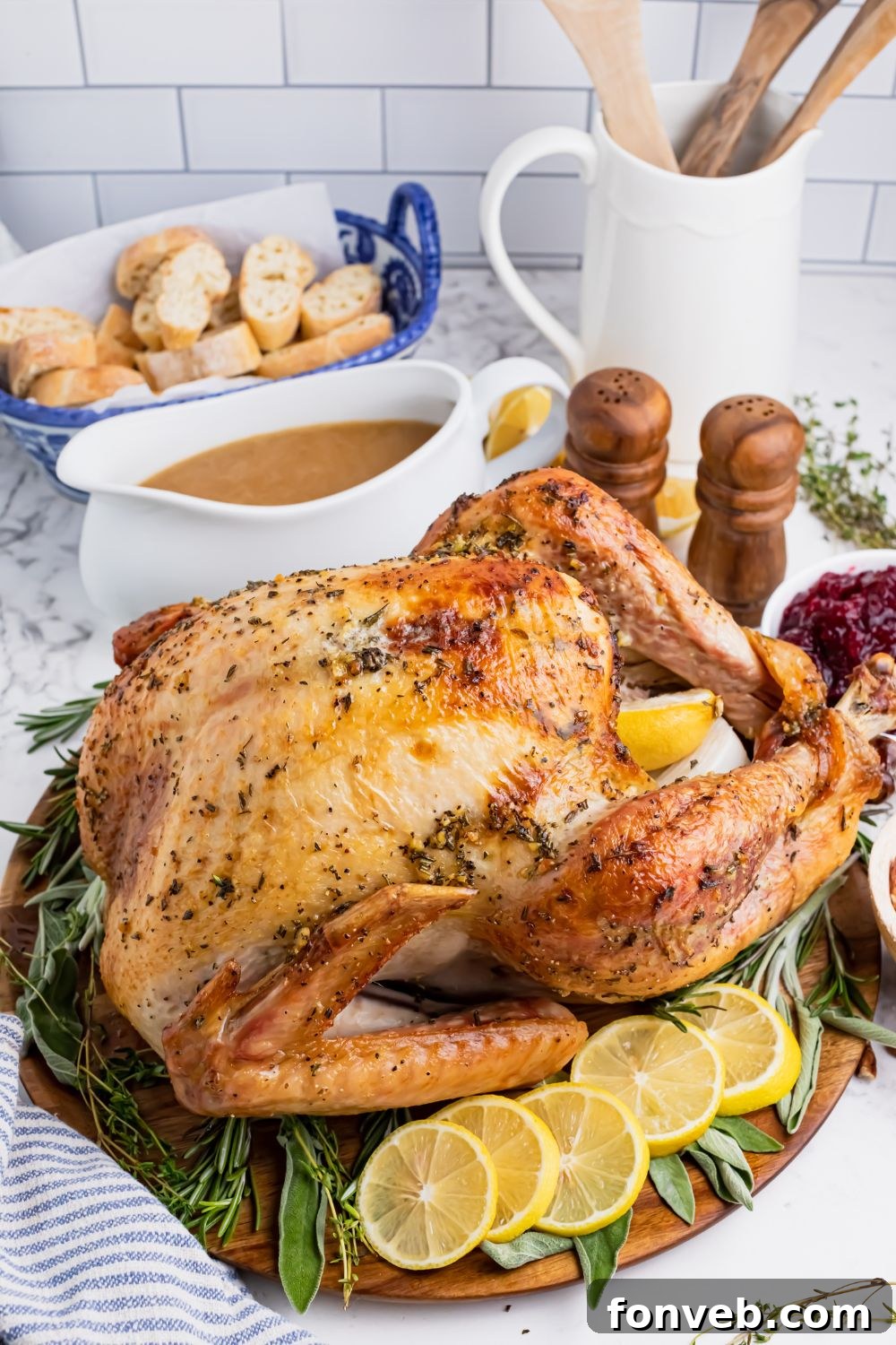 turkey on table with lemon slices on side