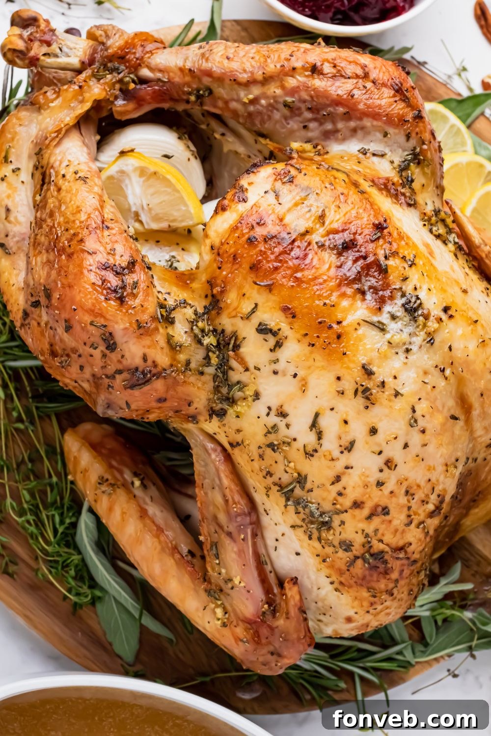 side view of a whole turkey on table