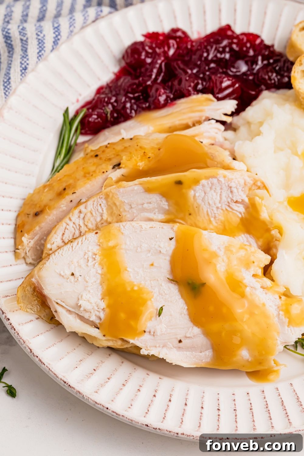 turkey sliced on plate with gravy