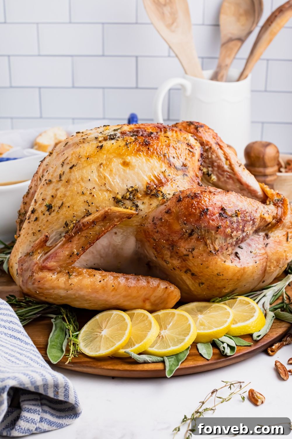 thanksgiving turkey on platter on table 