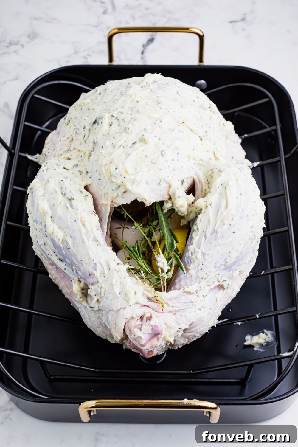 looking at butterball turkey in roasting pan 