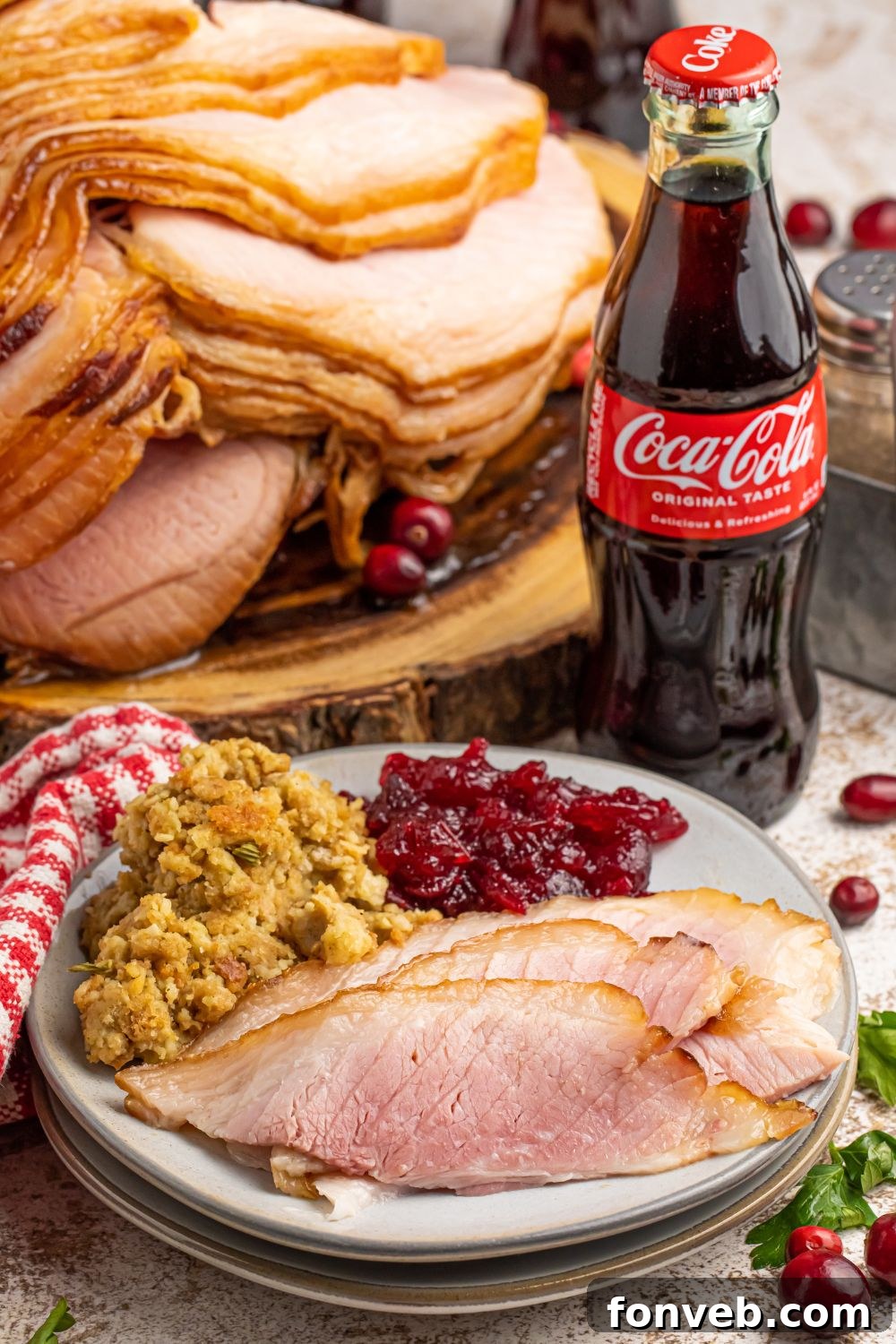 plate with ham and sides on plate