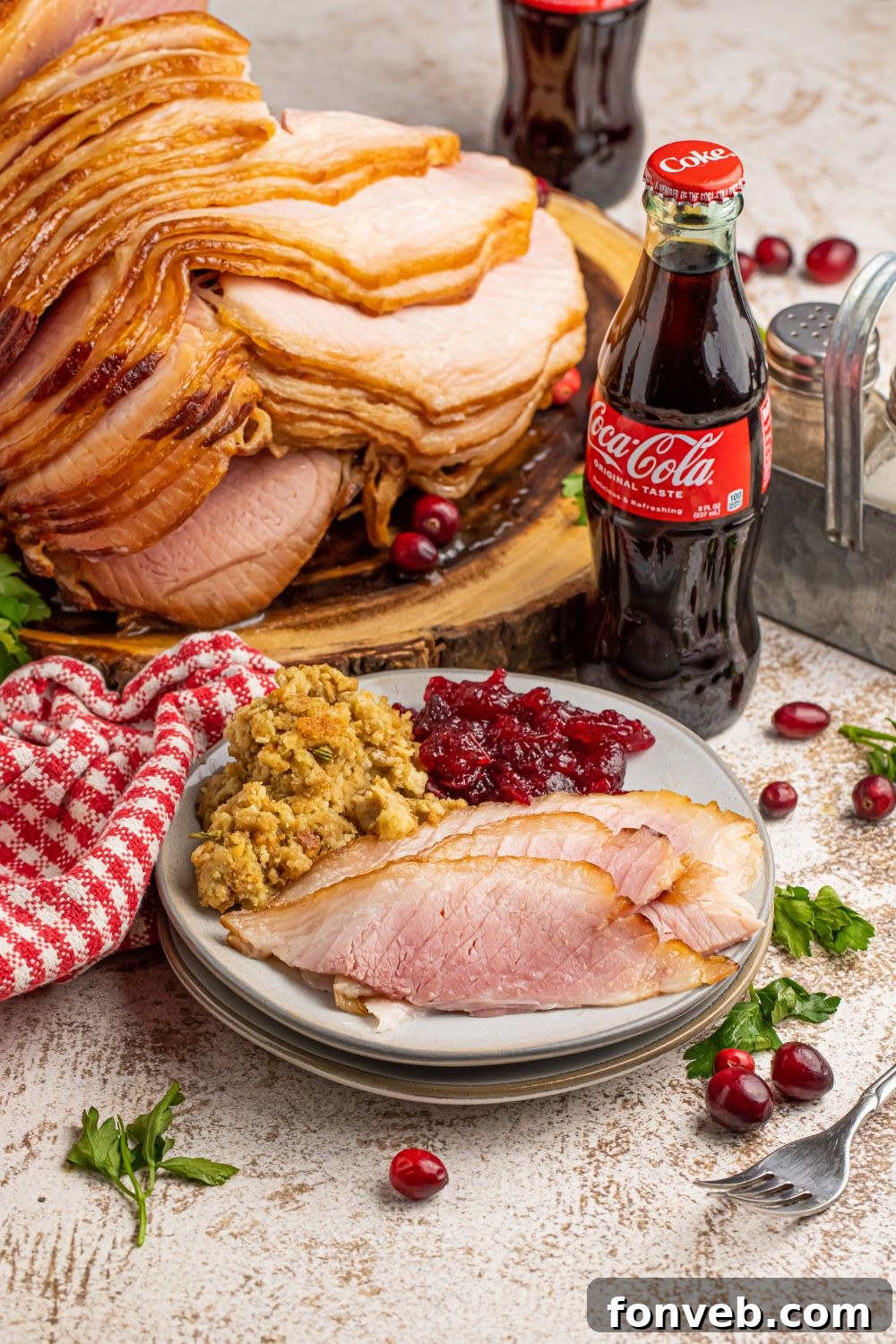 table setup with ham and fixings around it