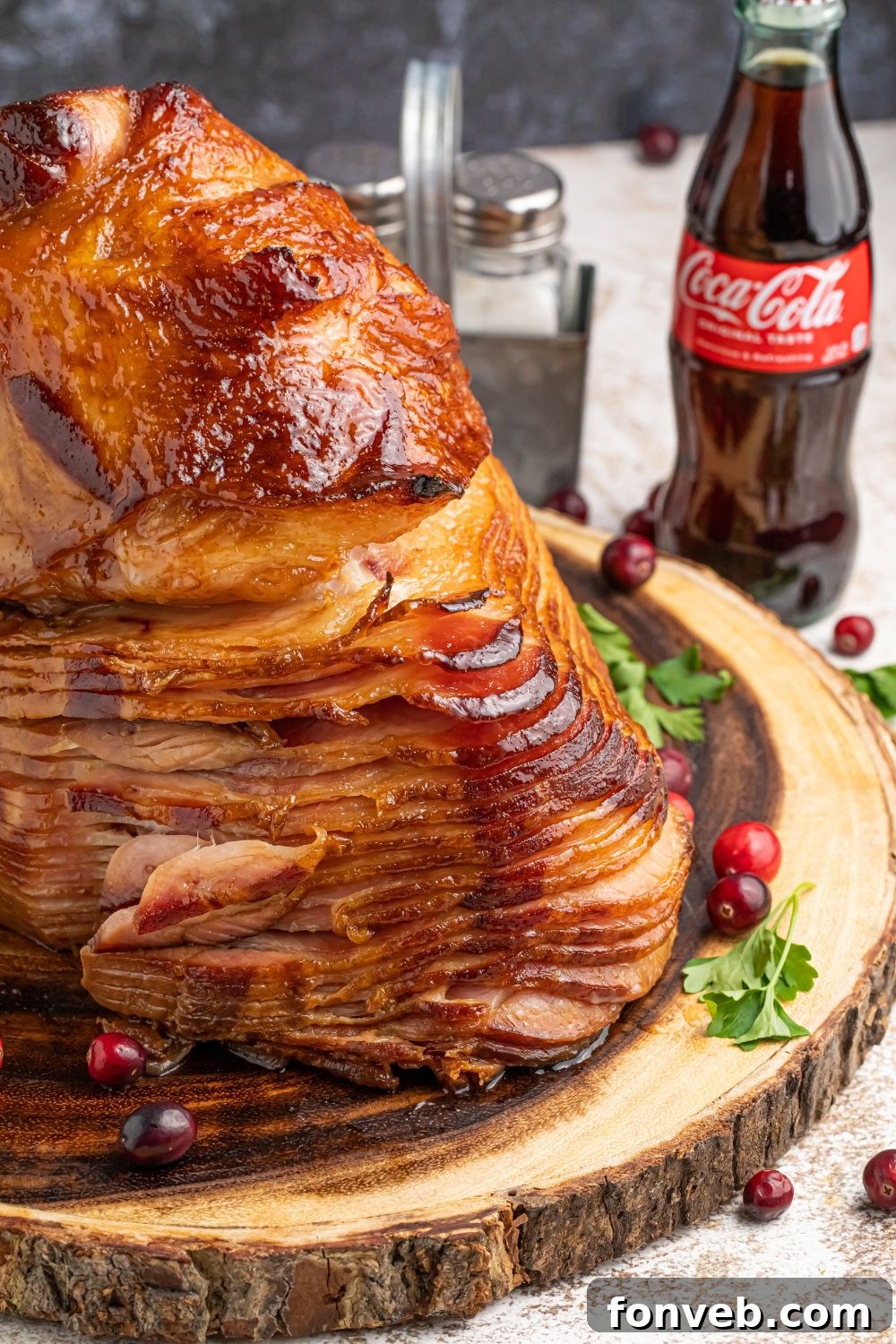 spiral ham on wooden platter