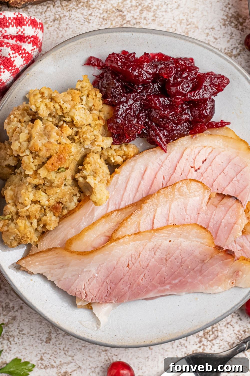 ham, stuffing and cranberry on plate