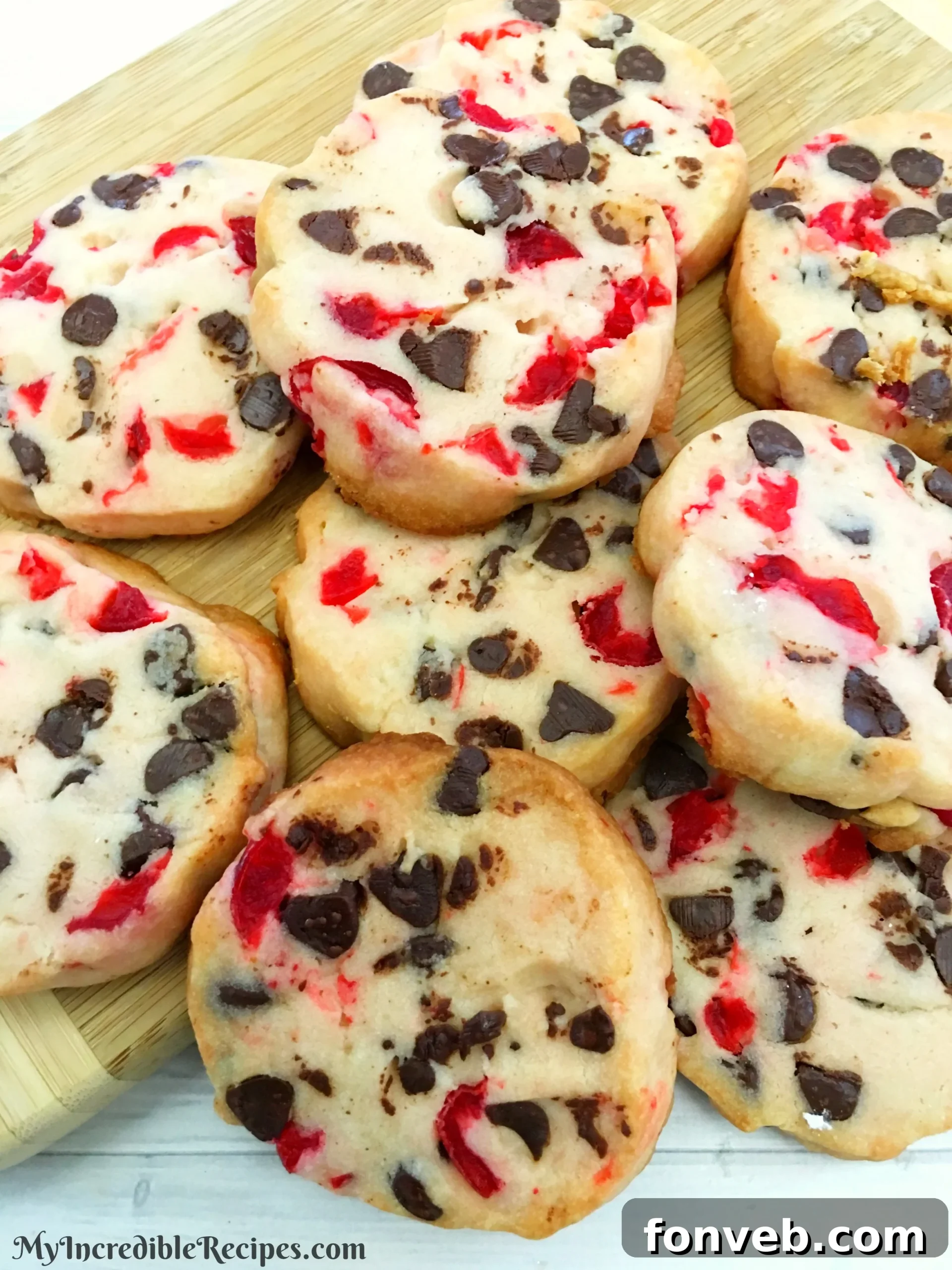 close-up of a single cherry shortbread cookie