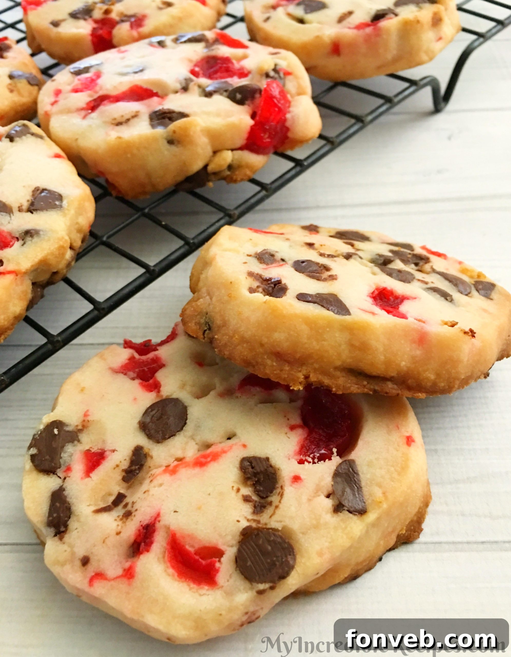 cherry shortbread cookies with a festive background