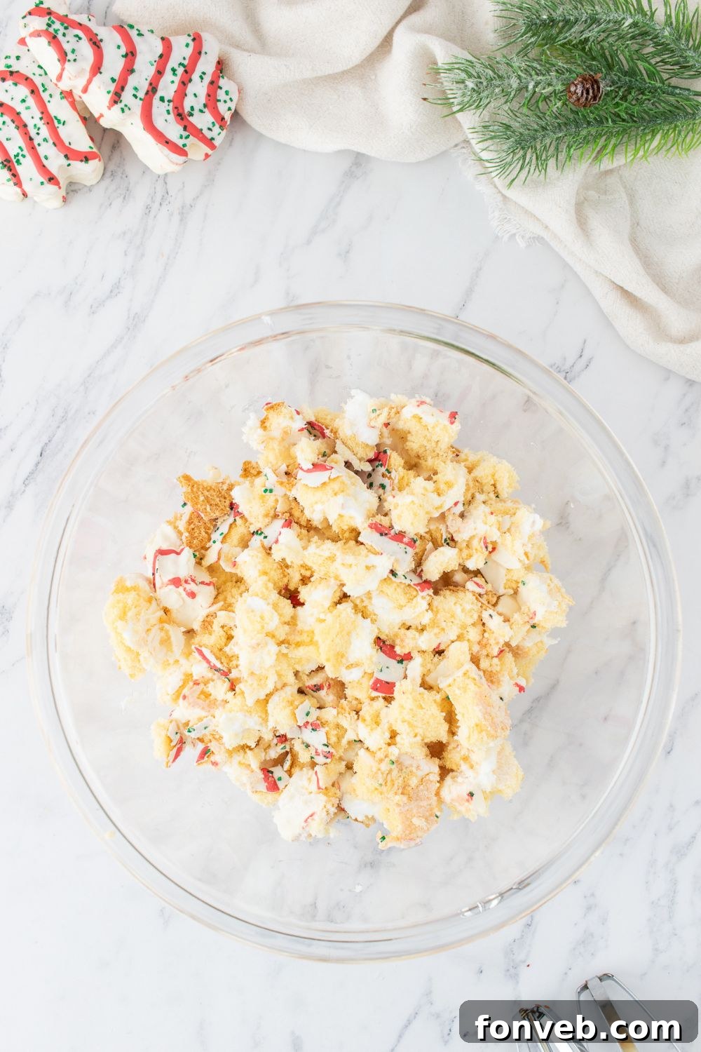 christmas cakes mixed up in a bowl 