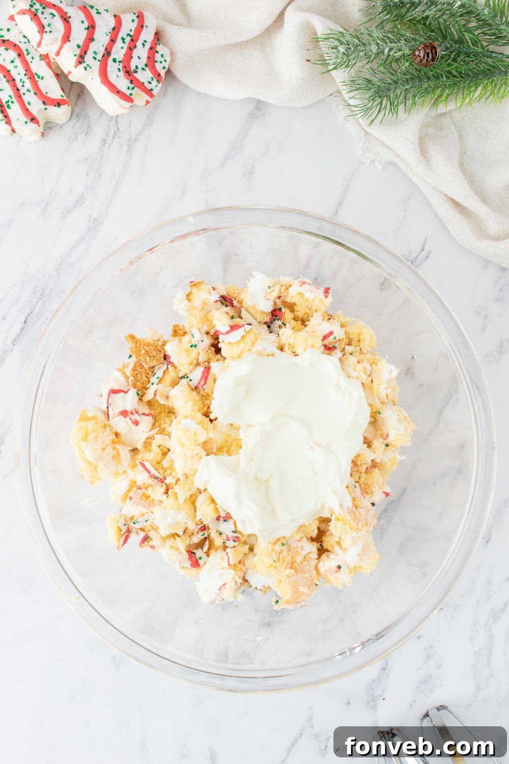 cream cheese and cakes in a bowl for cake truffles 
