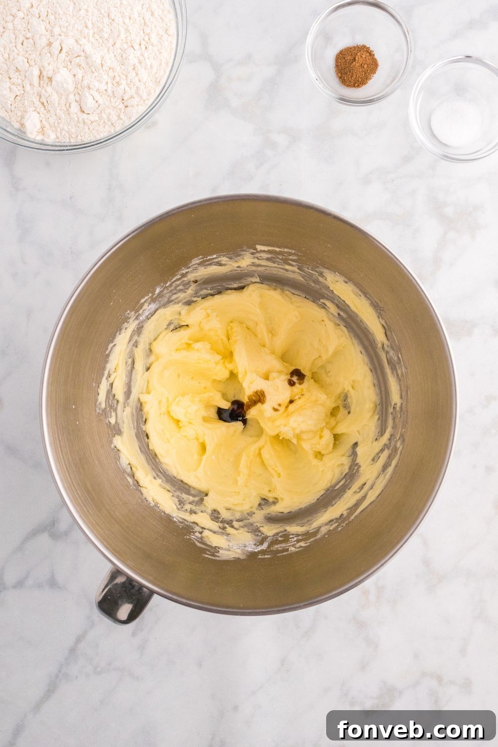 creamed butter and sugar in a mixing bowl 