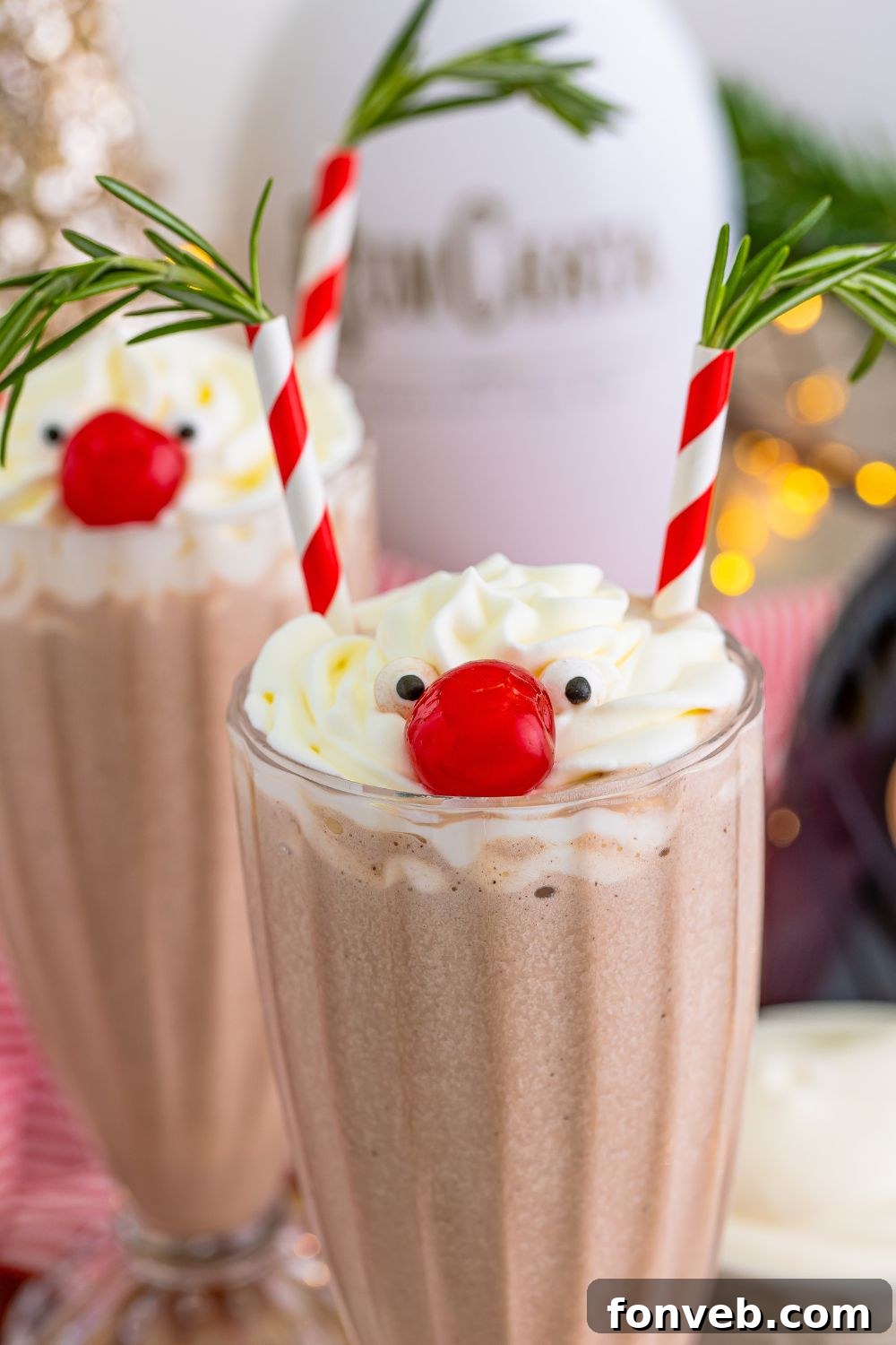 A beautifully decorated Drunk Rudolph Milkshake with alcohol, showcasing its festive appeal.