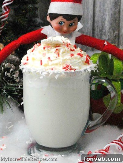 Close-up shot of a white hot chocolate mug, highlighting its rich, inviting texture and warmth
