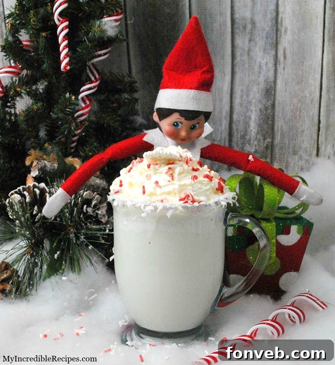 A charming holiday elf mascot standing near a delicious mug of white hot chocolate, adding a whimsical touch