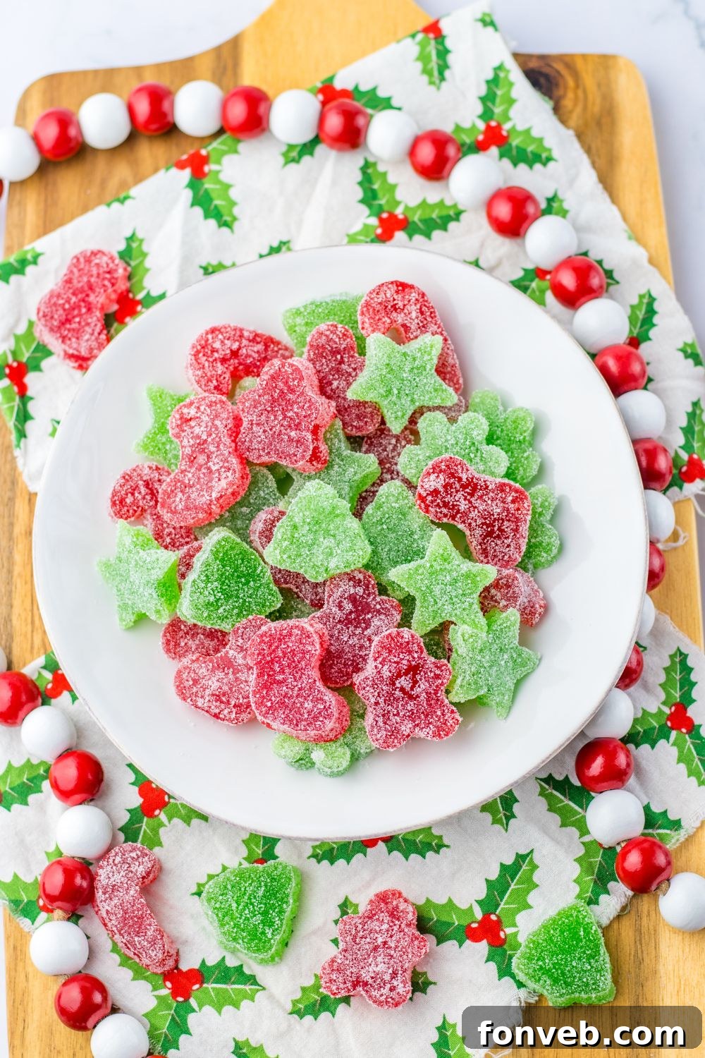 Yuletide Jewels 21 Gumdrops on a table with Christmas decor