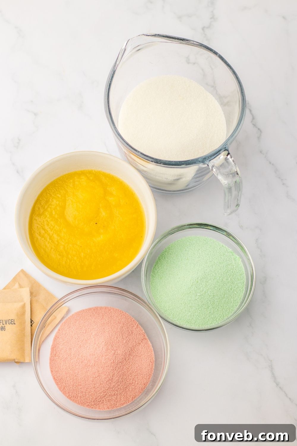 Yuletide Jewels 6 Ingredients for making gumdrops laid out