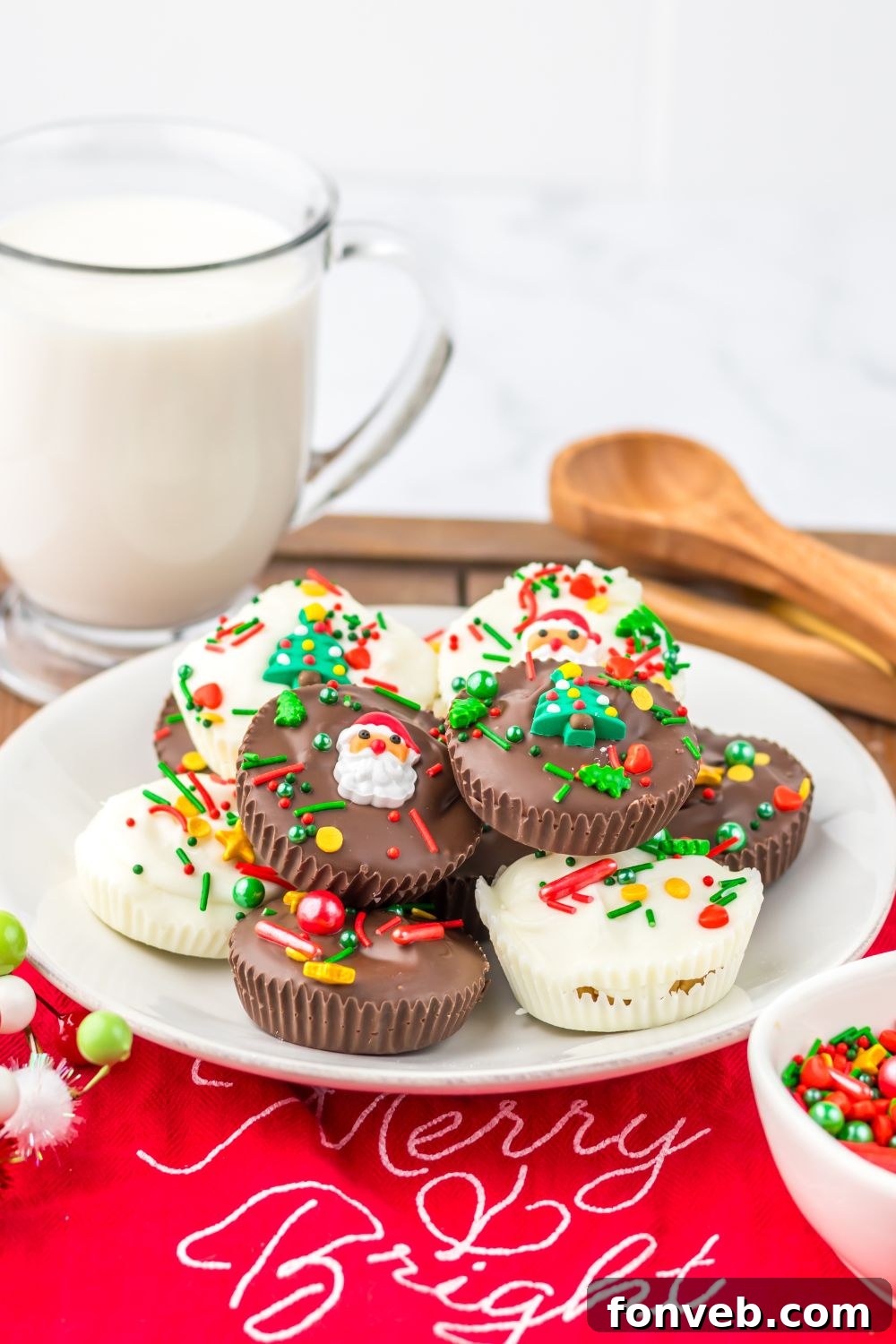 Christmas Peanut Butter Cups on table with milk and such on table 