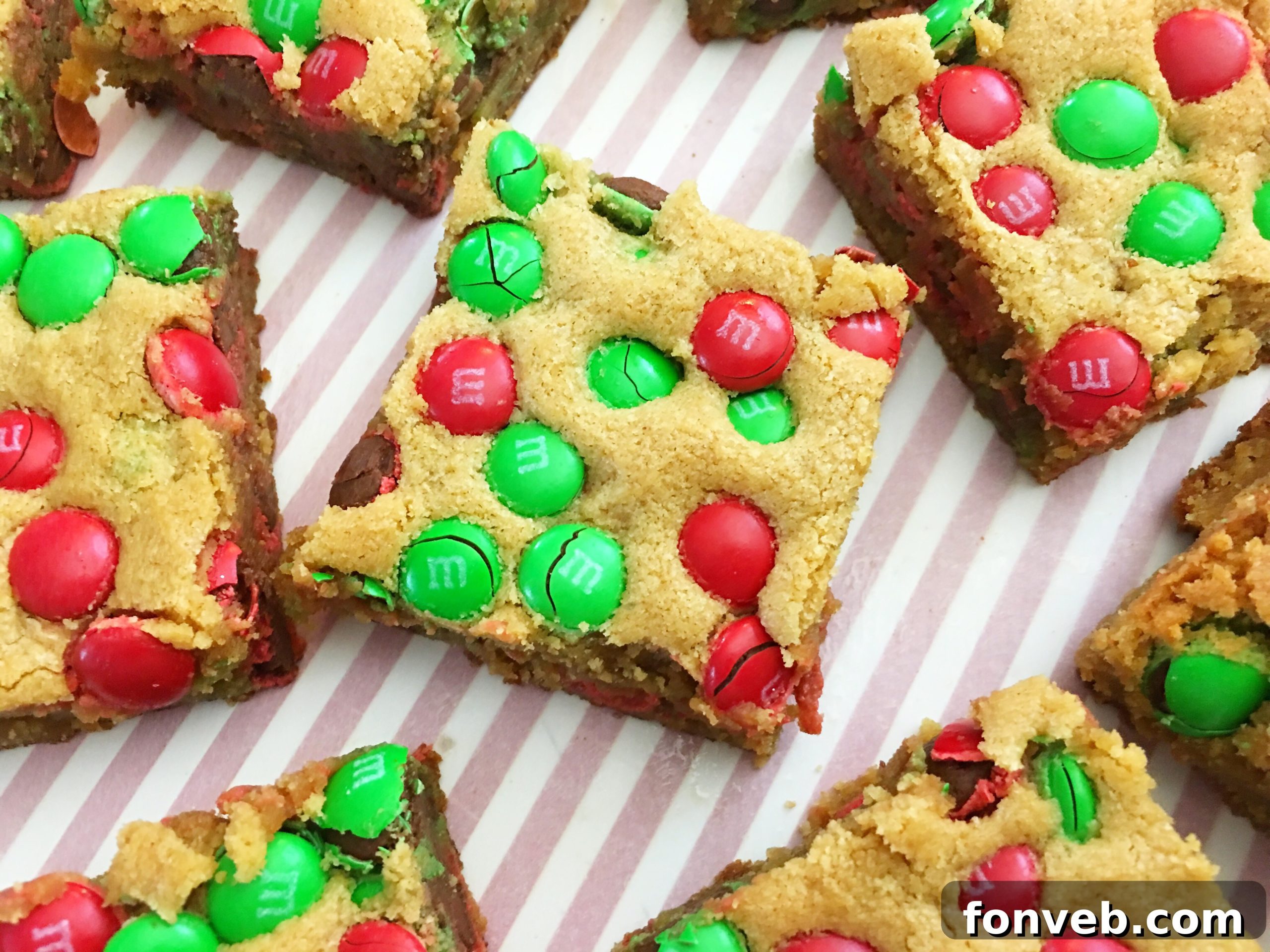 Delicious M&M cookie bars, perfectly cut and stacked