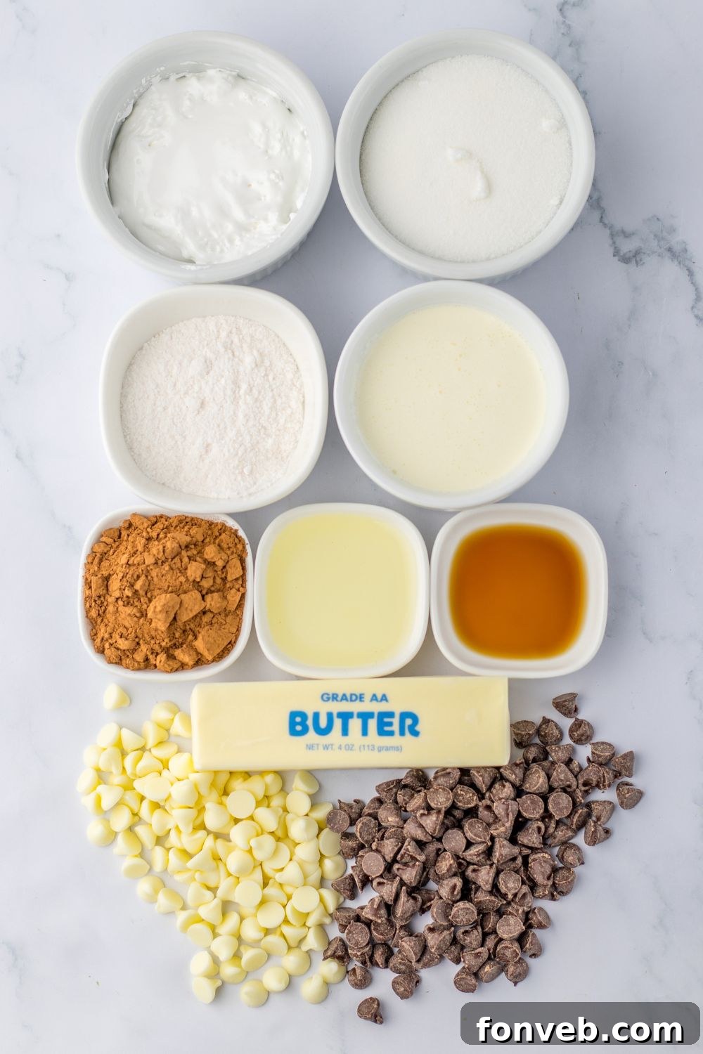 Boston Cream Dream Fudge 4 ingredients for a fudge on table in small bowls