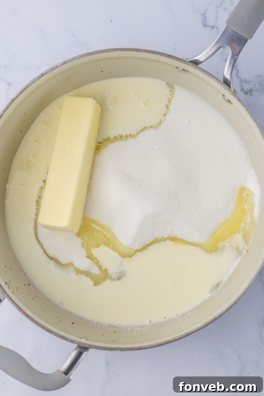 Boston Cream Dream Fudge 5 butter and sugar mixture in a pan on table