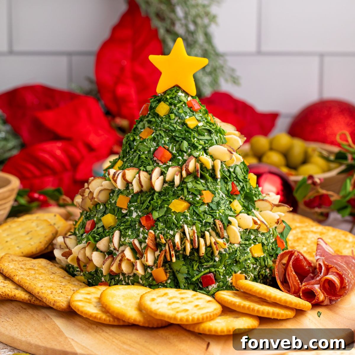 Close-up of the Christmas Tree Cheeseball, showcasing its intricate decorations