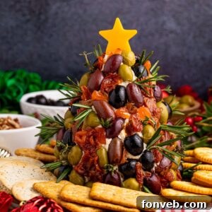 Antipasto Christmas Tree cheese ball on table with crackers around it