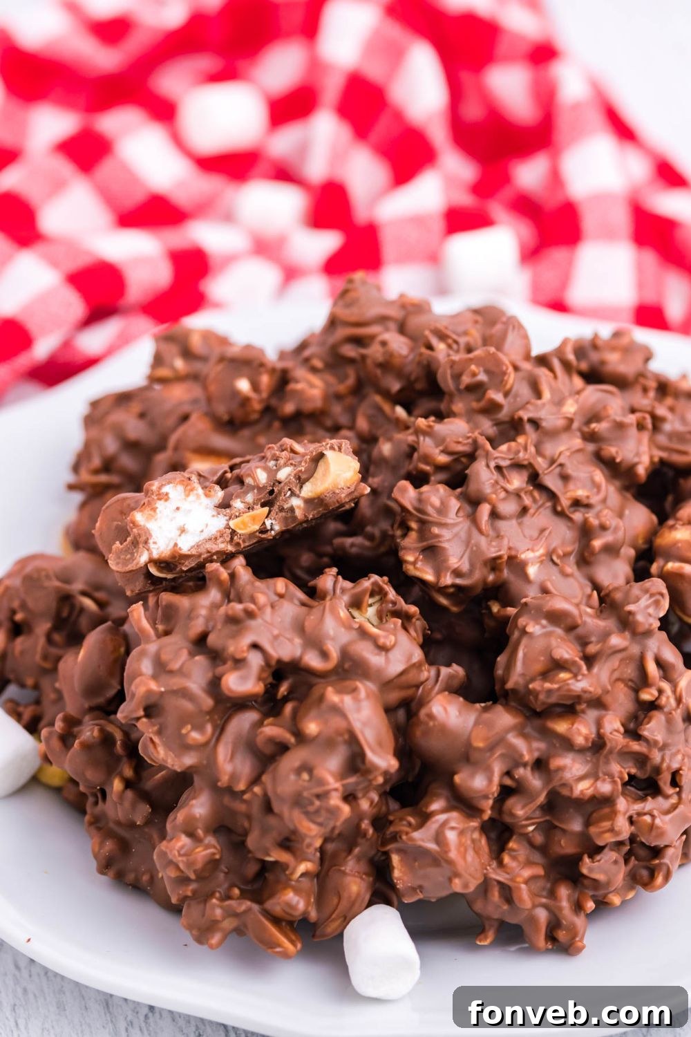 Rocky Road Candy artfully arranged on a white plate on a rustic wooden table.