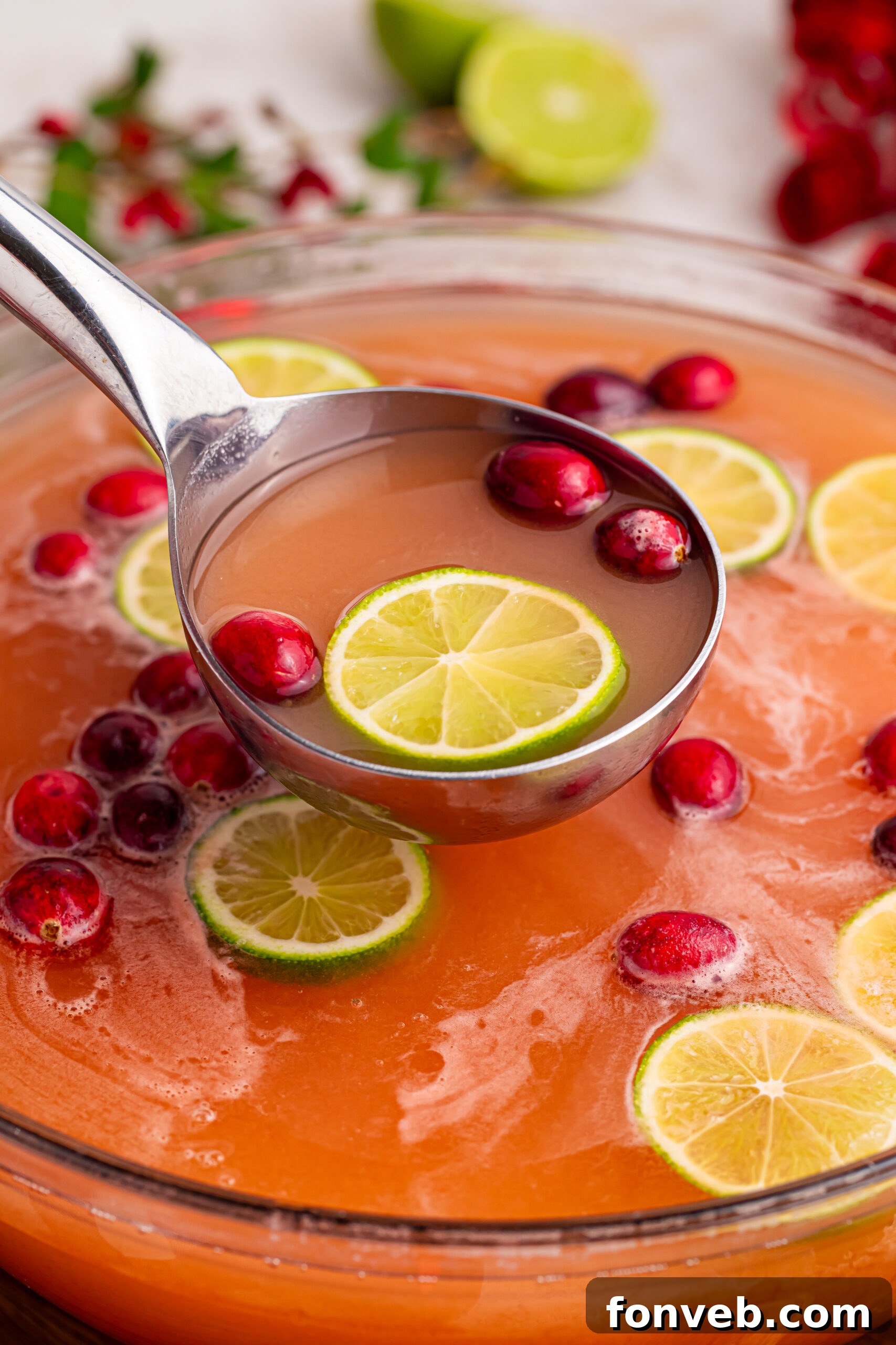 Giggle Juice Punch in a clear punch bowl, beautifully garnished with an abundance of sliced limes and fresh cranberries, emphasizing its festive appeal.