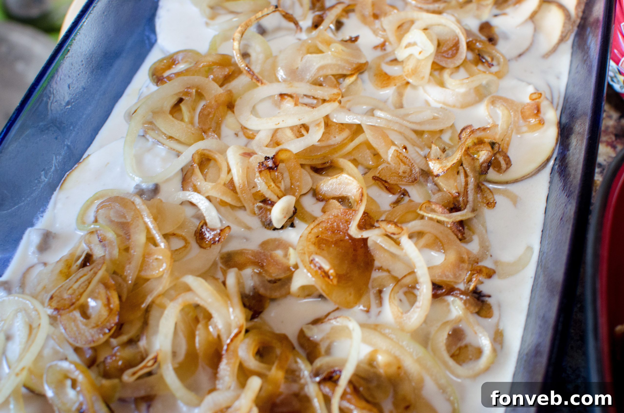 Thinly sliced potatoes arranged in an even layer at the bottom of a buttered baking dish.