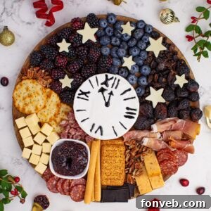 A festive New Year's Eve Charcuterie Board set on a table with decorative garnishments around it.