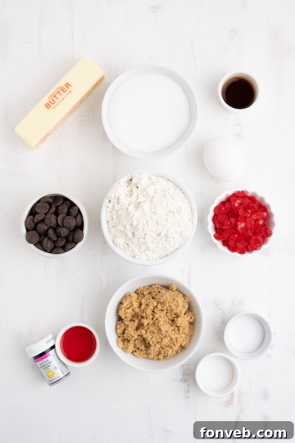 Cherry Chocolate Chip Cookies ingredients on the table in small bowls to show all the ingredients needed for the cookie recipe 