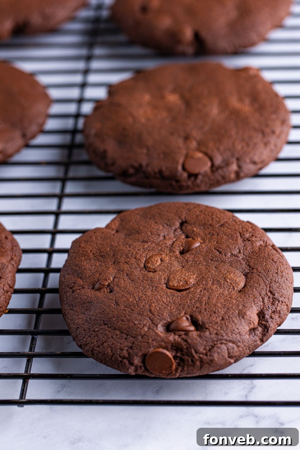 Soft-baked Chocolate Cake Cookies cooling on a wire rack, freshly out of the oven and awaiting their luscious frosting
