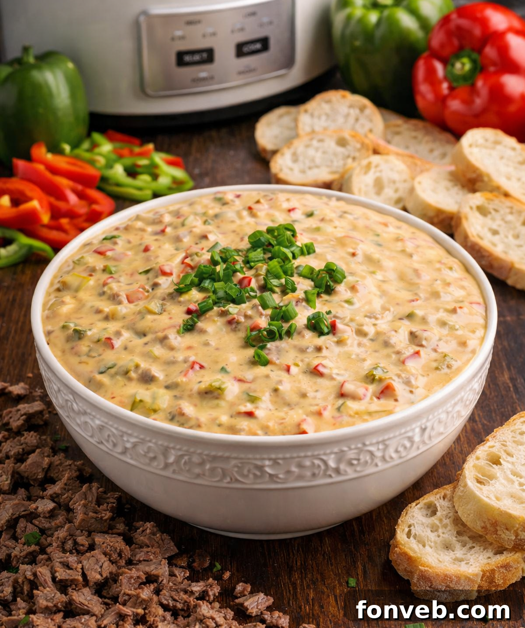 Crock Pot Philly Cheesesteak Dip on a dark wood table surrounded by peppers