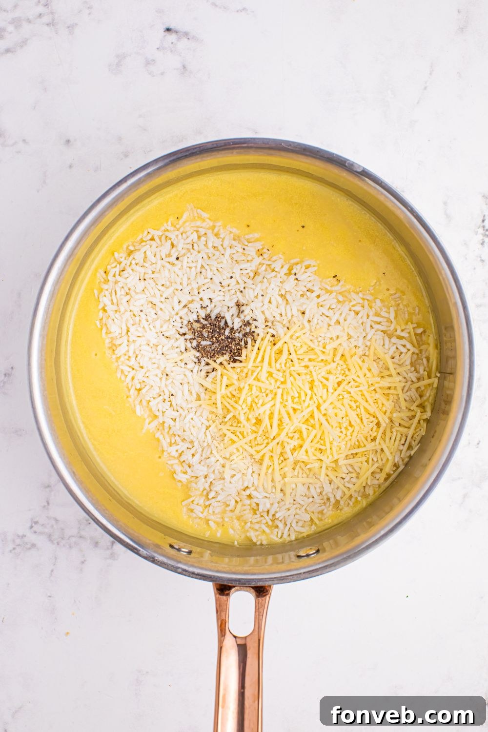 All Souper Rice ingredients combined in a saucepan, ready for simmering.