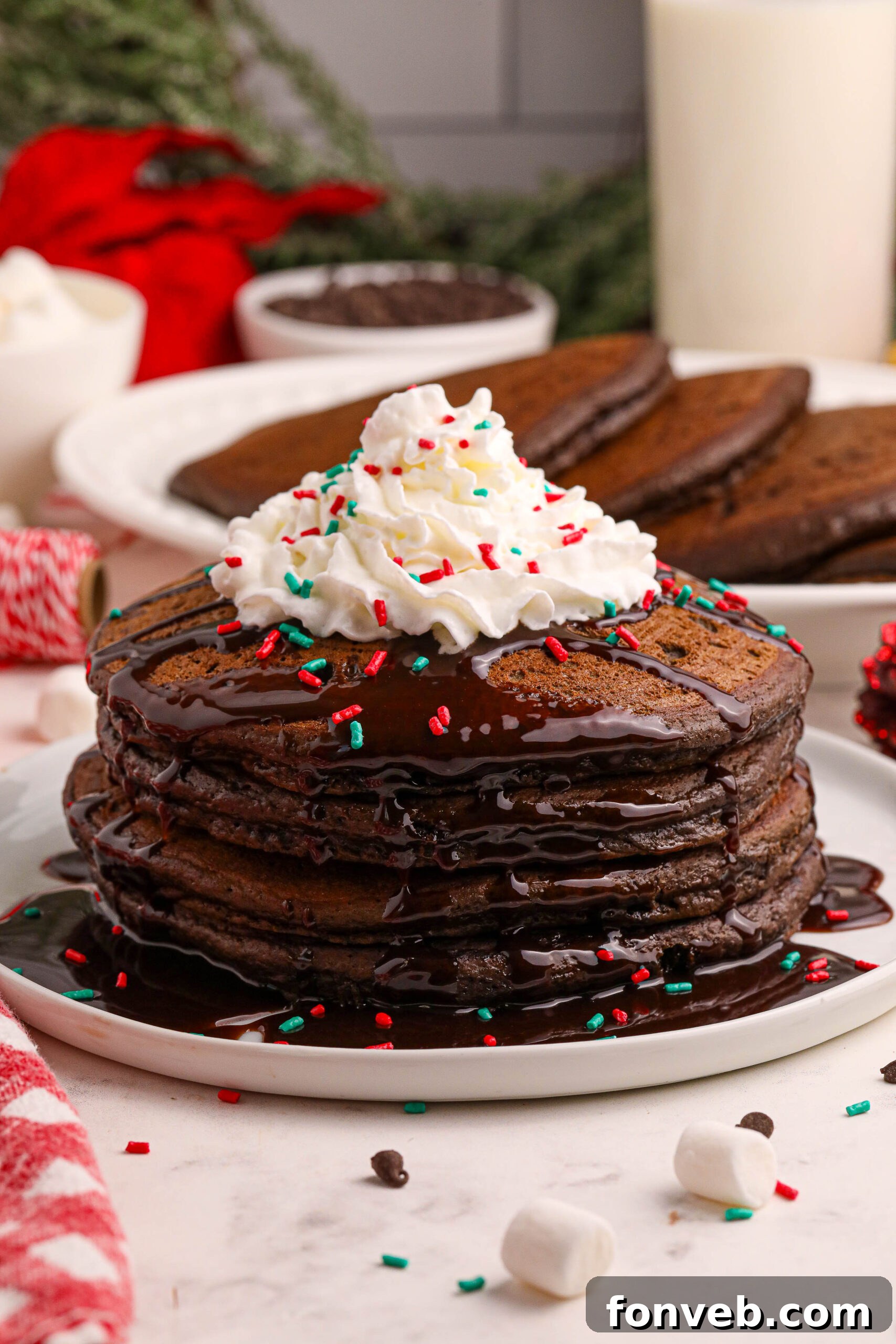Decadent Hot Chocolate Pancakes 2 Hot Chocolate Pancakes stacked on a plate topped with syrup and whipped cream and holiday sprinkles
