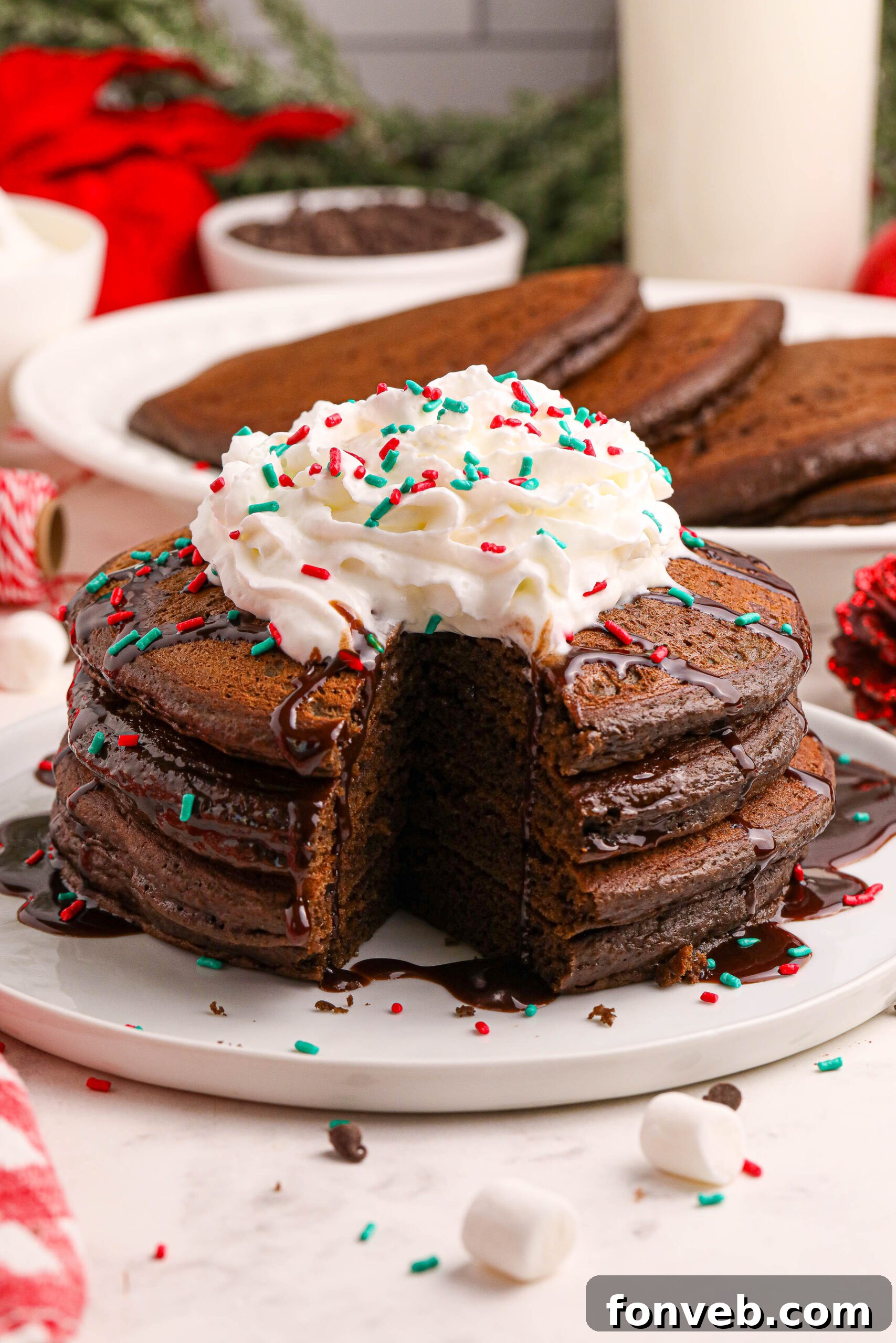 Decadent Hot Chocolate Pancakes 15 Hot Chocolate Pancakes stacked on a plate topped with syrup and whipped cream and holiday sprinkles with a bite removed